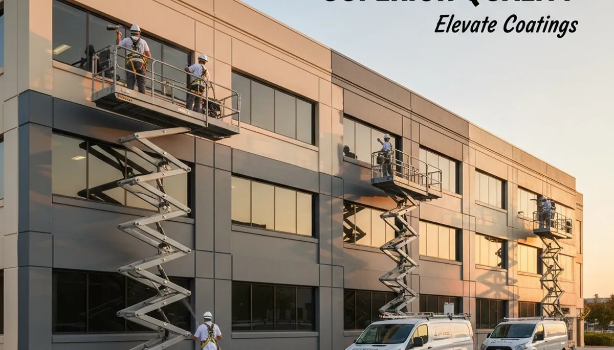 Professional commercial painters coating office exterior in Green Bay WI for durable weather protection