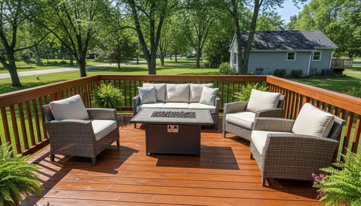 Finished deck staining in Green Bay WI showing rich wood tones and protective finish by local painting experts