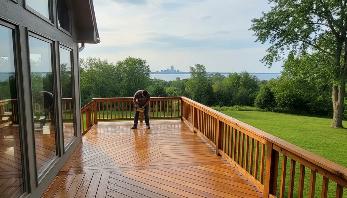 Professional deck staining in Green Bay WI applying protective wood finish for lasting outdoor beauty