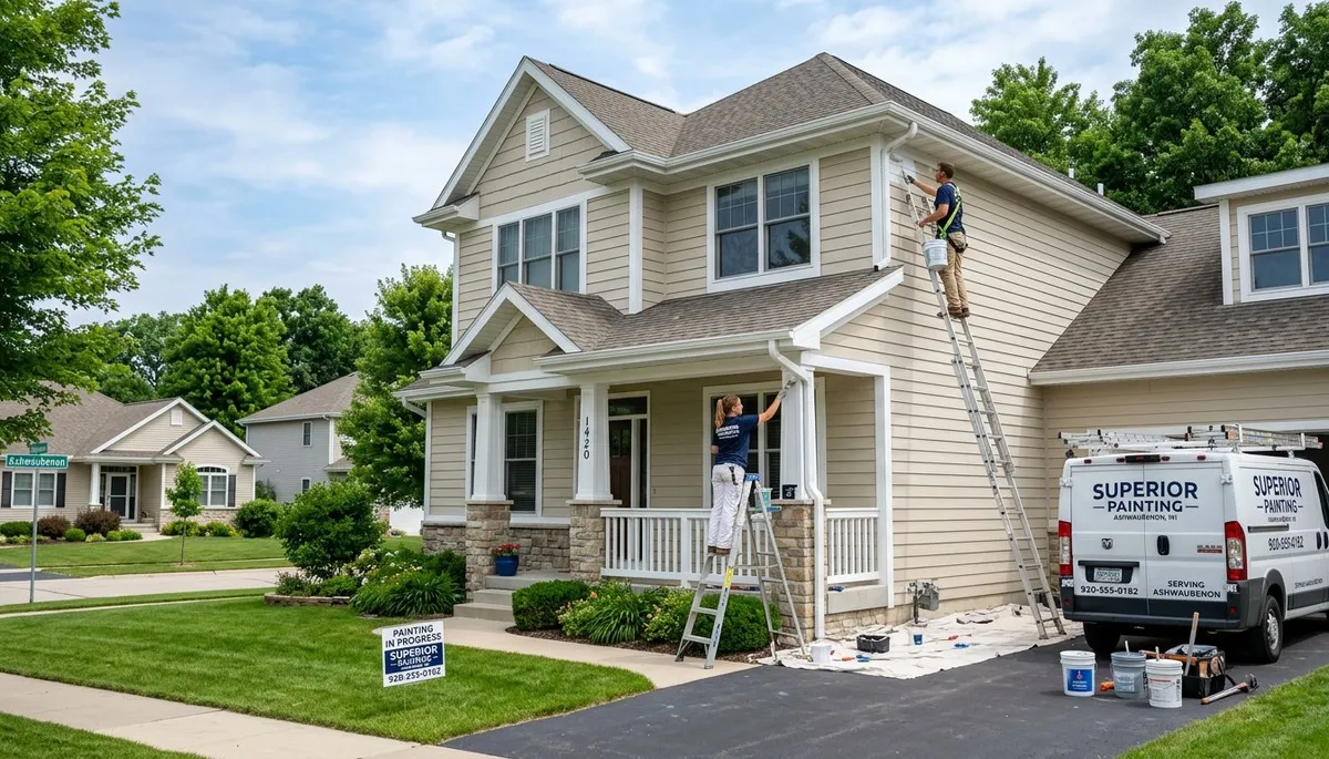 Professional house painters in Green Bay WI applying exterior paint to a modern home façade