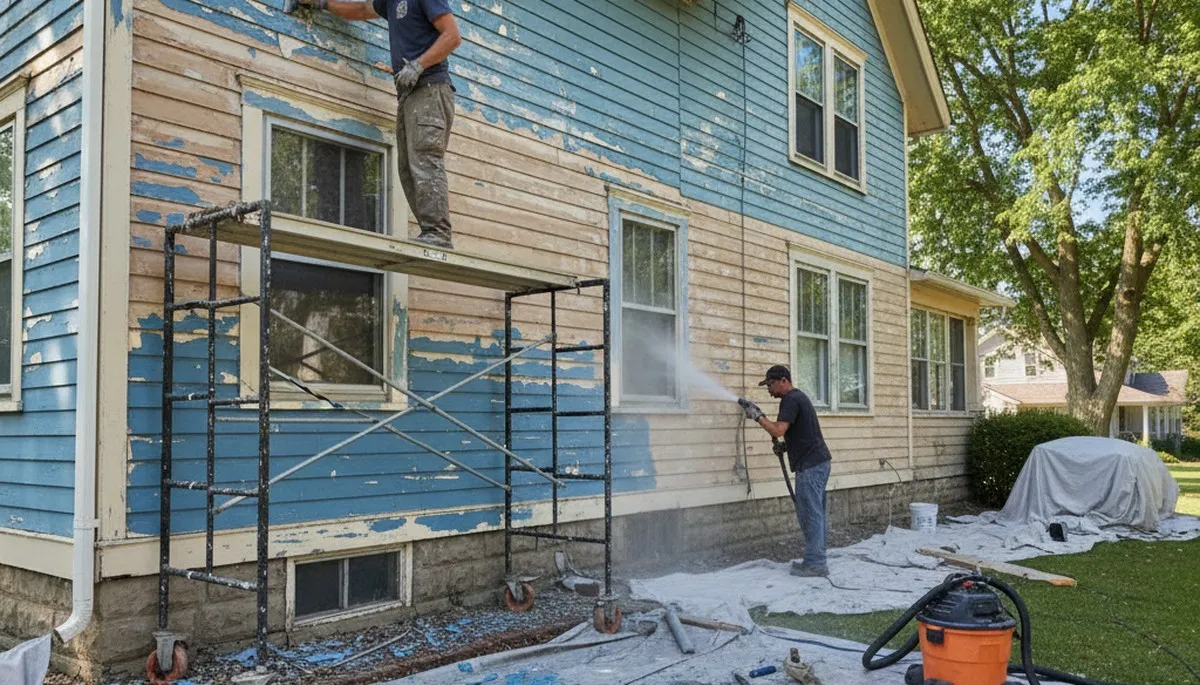 Painter prepping exterior siding for new paint on Green Bay WI home during surface preparation stage